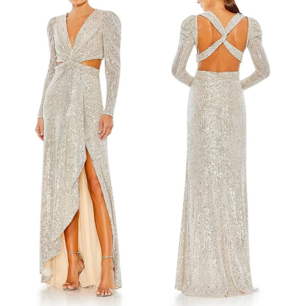 Ieena Mac Duggal 26739 Long Sleeve Sequined Gown Maxi Dress Nude Gold Size 2 NWT
